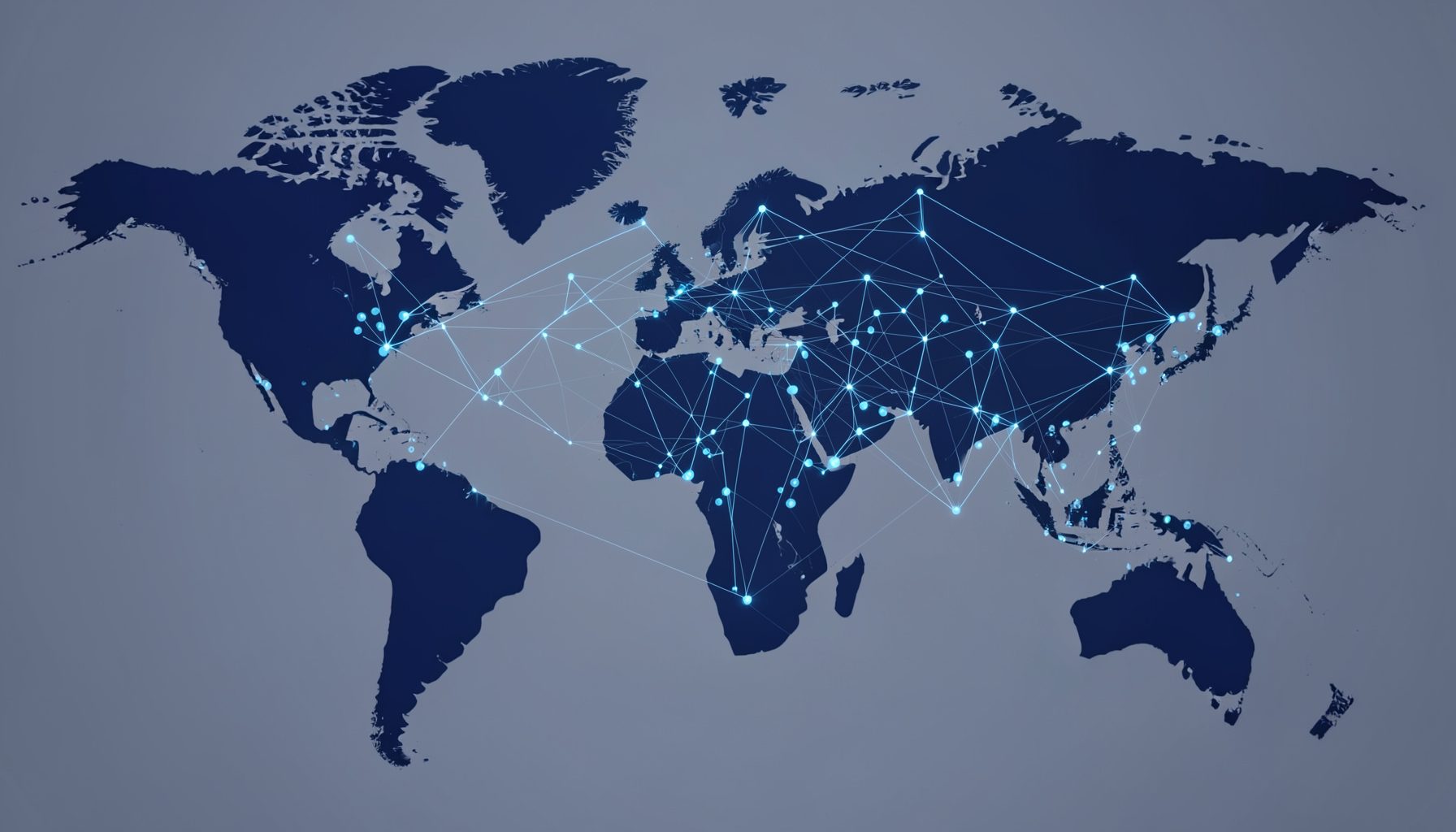 A wide navy-blue and soft gray abstract network of glowing dots and connecting lines suggesting linked data flowing across regions