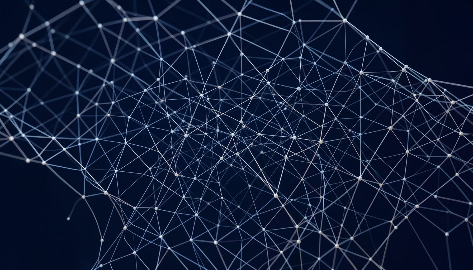 Abstract navy blue and light gray network of connected dots and lines suggesting linked data and global information flow