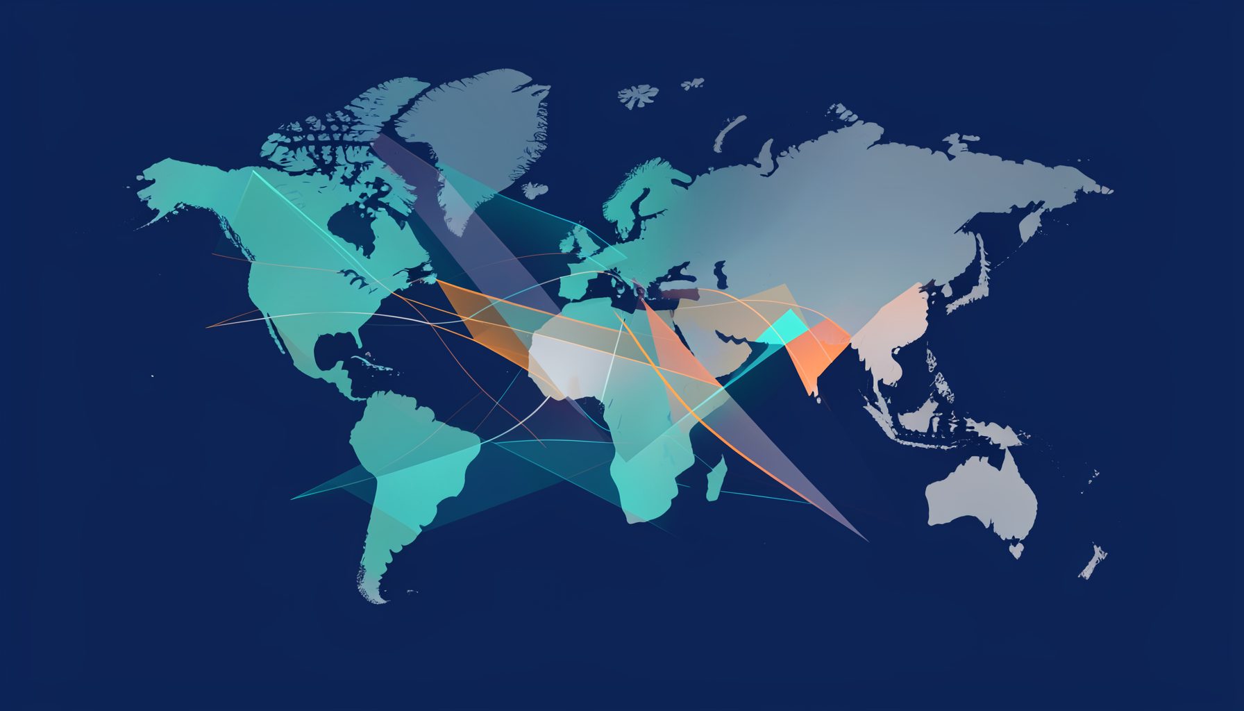 Abstract navy blue background with overlapping translucent geometric shapes in teal, orange and white suggesting flows of connected information